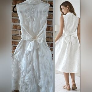 DKNY White COTTON SUMMER Jacquard  Textured SLEEVELESS Bow DRESS Women's Size 4